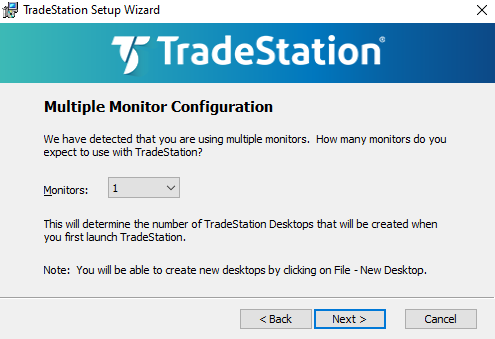 TradeStation installer — set Monitors to 1