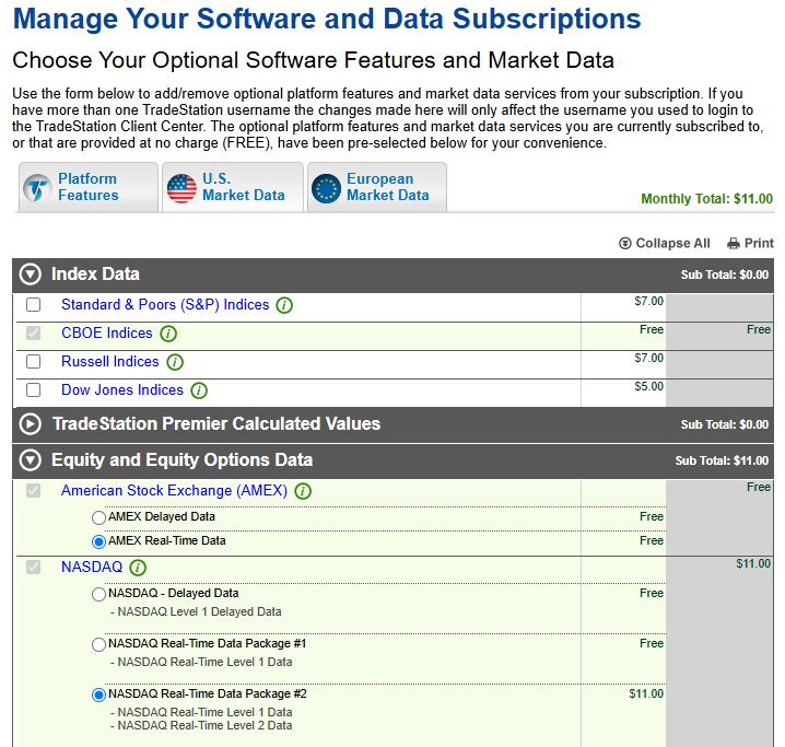 TradeStation NASDAQ Real-Time Data Package selection