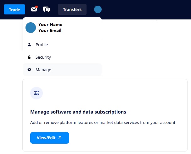 TradeStation profile Manage menu