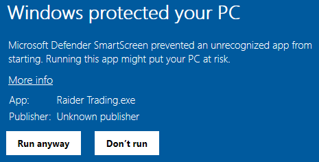 Windows Defender — More Info — Run Anyway