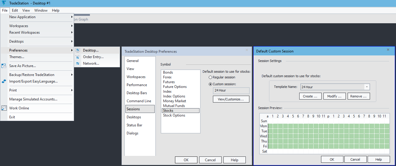 File, Preferences, Sessions — select 24 Hour template