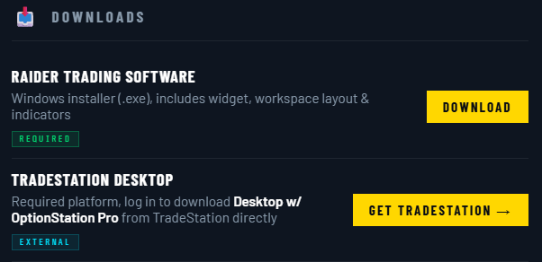 Raider Trading dashboard downloads section